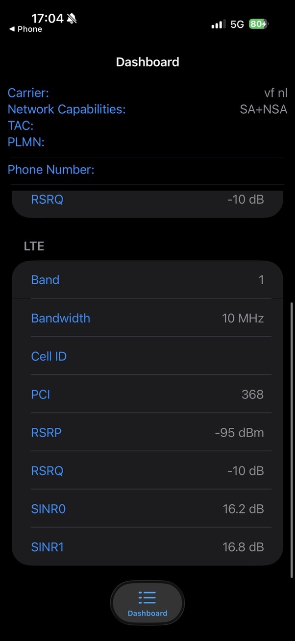 iPhone field test mode showing raw cellular signal metrics