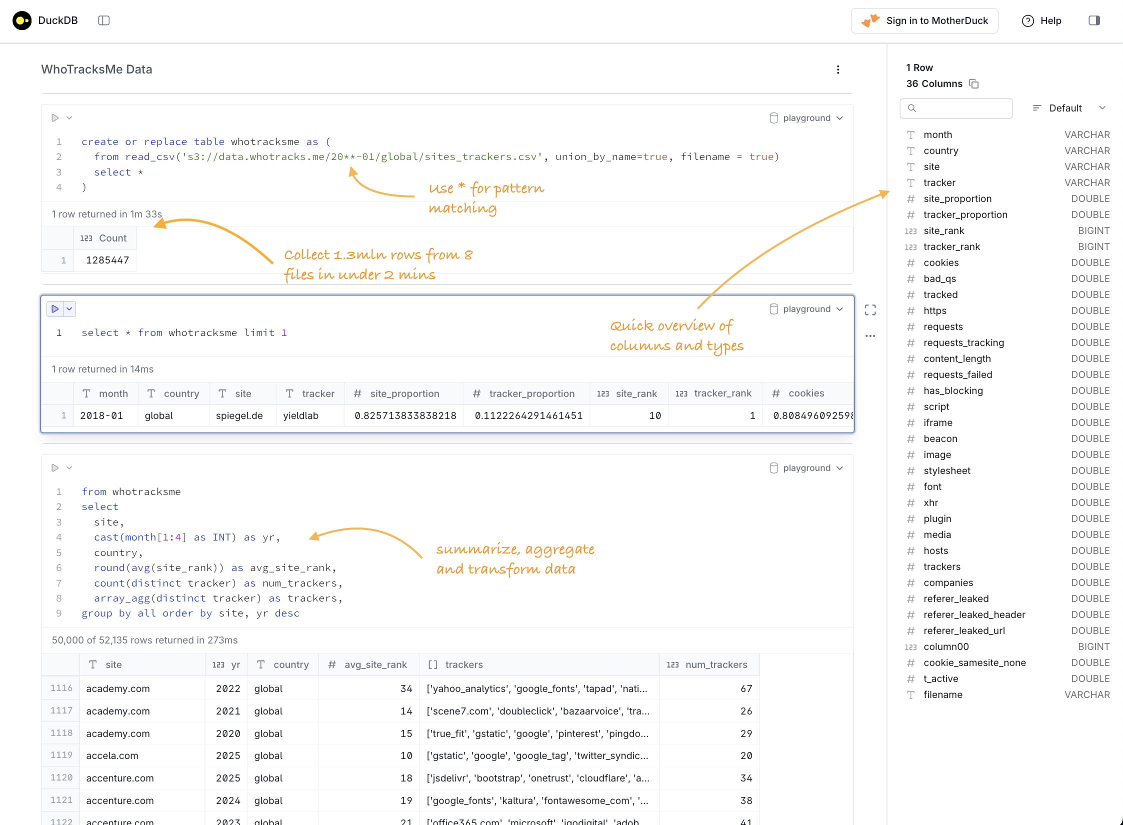 SQL code of processing tracker usage CSVs with DuckDB