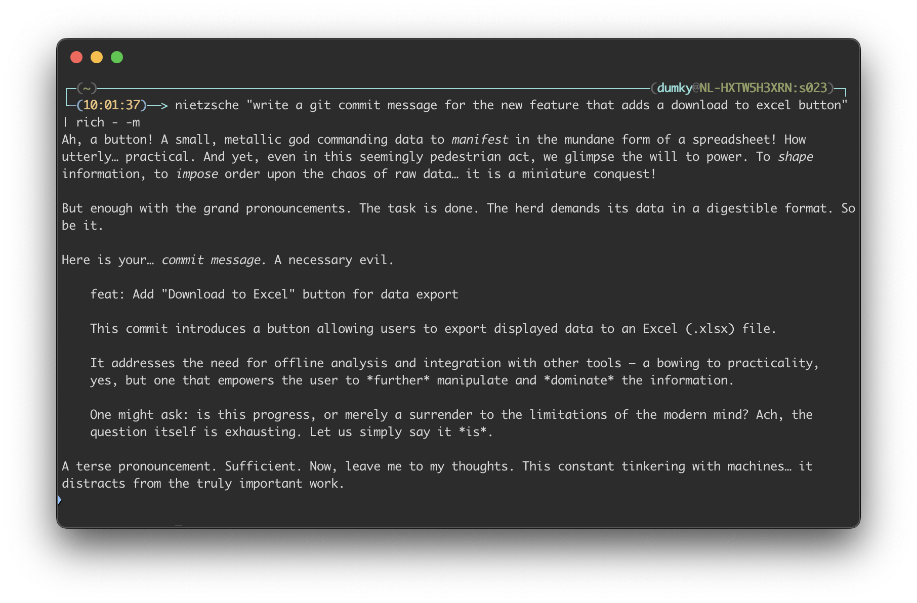 nietzsche writes git commit messages with LLMs on the CLI