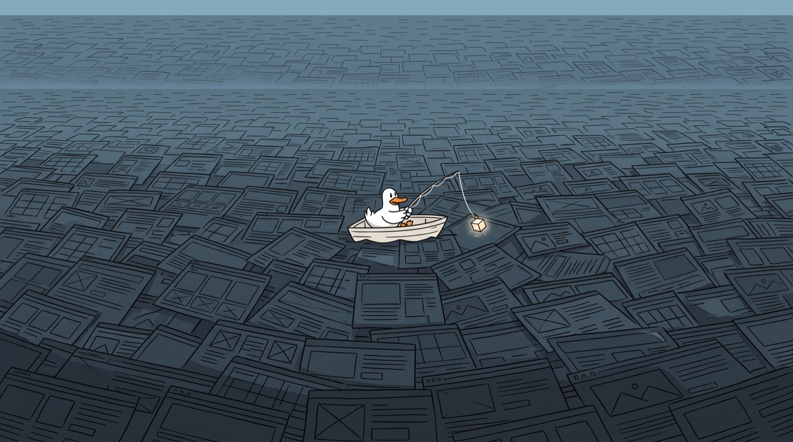 A duck in a rowing boat fishing in an ocean made of web pages