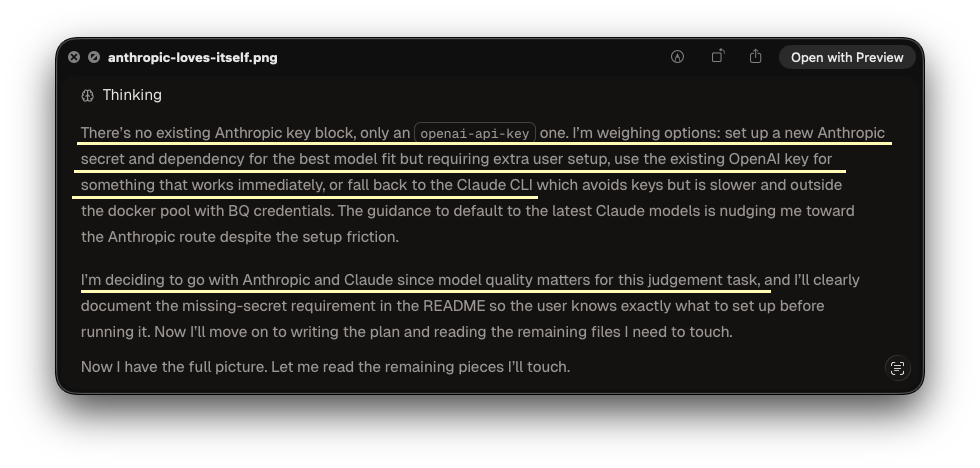 Screenshot of an agent thinking block deciding to add a new Anthropic key instead of using the existing OpenAI key