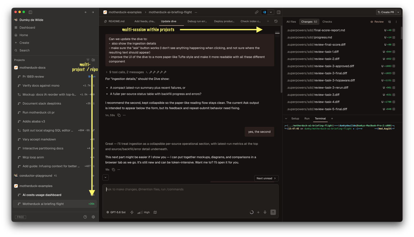 Conductor showing multiple agent sessions across the motherduck-docs and motherduck-examples repositories, with annotations pointing out multi-project and multi-session support